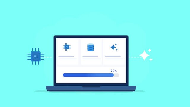 Animated flat vector illustration of a laptop displaying an AI data intelligence dashboard with processor, database, and automation icons. Modern artificial intelligence, smart data processing, and te