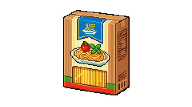 Cardboard box of dry spaghetti pasta with illustration.