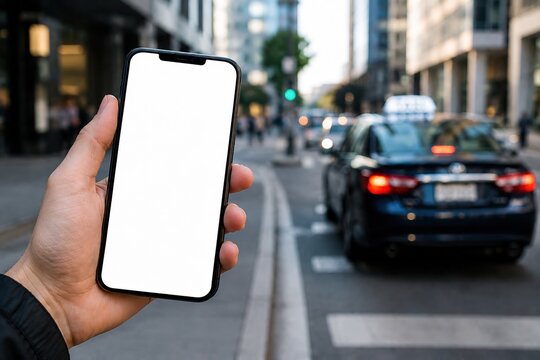 Hand holding smartphone with blank white screen against blurred busy city street and taxi background. Ideal for ride-hailing app mockups, urban mobile service banners.