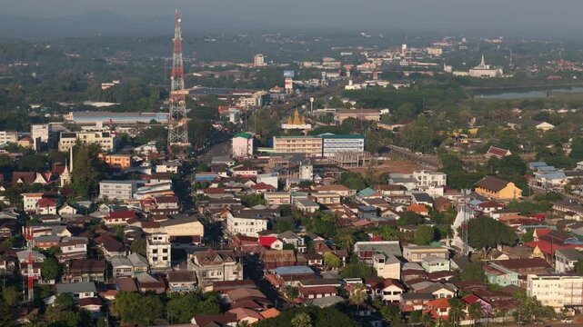 Aerial drone view of Nong Han Lake, the largest natural lake in northeast Thailand, sitting right on the edge of Sakon Nakhon town