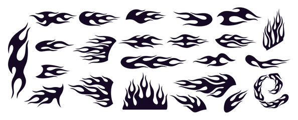 Flame decal silhouettes with black tribal fire shapes, sharp racing blaze graphics and curved burning icons for motorcycle stickers, automotive tuning, tattoo and logo design © Ukio.stock