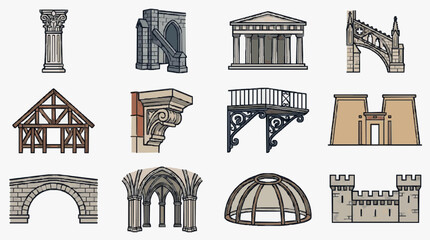 Dynamic Collection of Architectural Elements Intricate Column Capitals Arches Roof Trusses and Historical Building Sections in Monochromatic © Jayadi