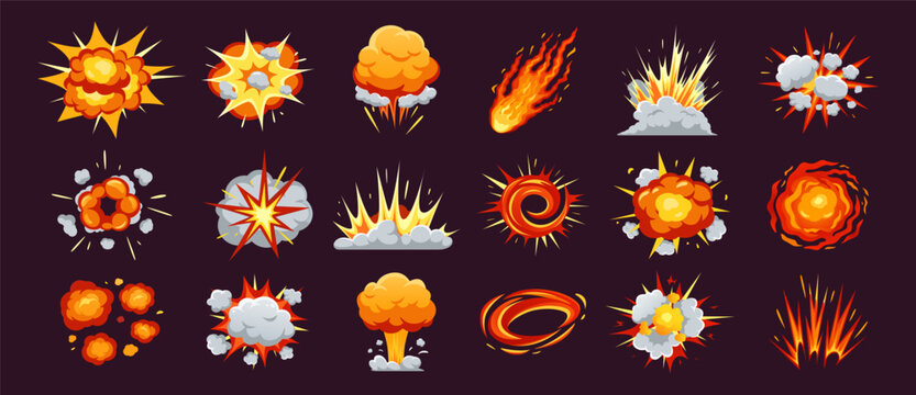 Explosive blast and cartoon fireball effects, comic game explosion bursts with smoke clouds, flames and shockwaves for action battle animation vector isolated set