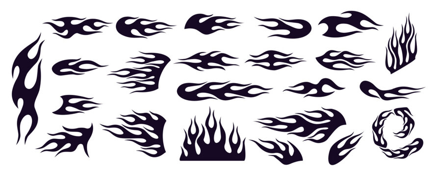 Flame decal silhouettes with black tribal fire shapes, sharp racing blaze graphics and curved burning icons for motorcycle stickers, automotive tuning, tattoo and logo design