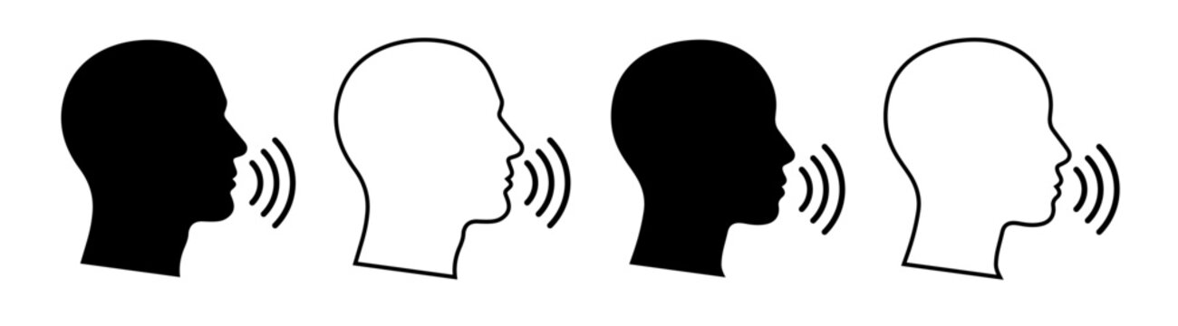 Speaking head profile icons with voice sound waves, human speech communication and talking symbols, black silhouette and outline vector signs for audio, language and dialogue vector set