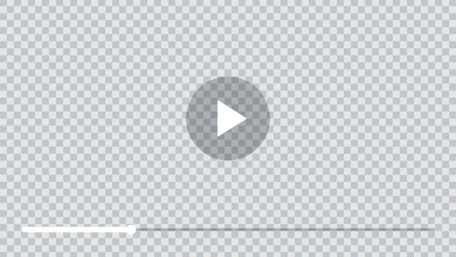 Video player button interface with transparent checkerboard screen, central play icon and progress timeline slider for streaming media app, web mockup and playback control design. Vector template