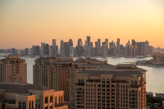 Beautiful Aerial View of Pearl Qatar. Roundabout Pearl Qatar at sunset time.	