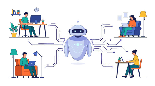 Flat vector illustration of a central AI robot connected by circuit lines to four diverse professionals working on laptops and computers in different home and office settings.