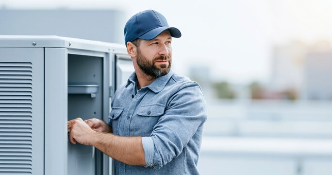 Technician inspecting outdoor HVAC unit