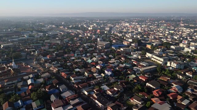 Aerial drone view of Nong Han Lake, the largest natural lake in northeast Thailand, sitting right on the edge of Sakon Nakhon town