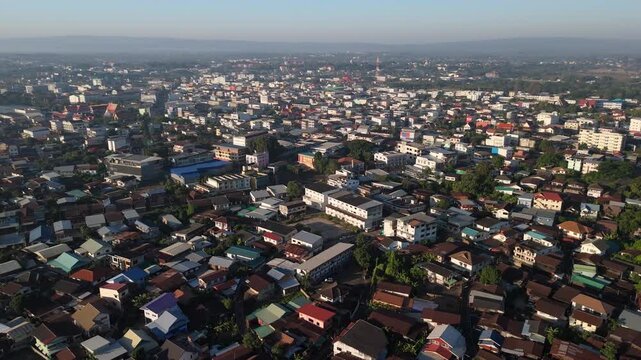 Aerial drone view of Nong Han Lake, the largest natural lake in northeast Thailand, sitting right on the edge of Sakon Nakhon town