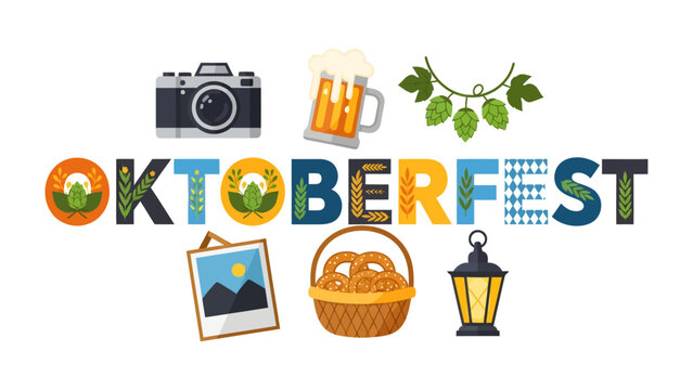Oktoberfest Celebration Icons: A vibrant collection of graphic elements representing Oktoberfest, including a camera, beer mug, hops, pretzels, a framed picture of mountains, and a lantern.