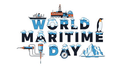 World Maritime Day Celebration: A vibrant illustration celebrating World Maritime Day, featuring ships, icebergs, a penguin, and maritime equipment, embodying the spirit of the ocean and global trade. © abidakhatun