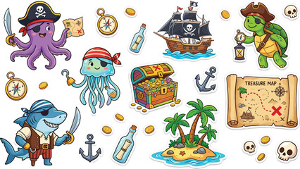 Cute Pirate Sea Animal Sticker Set Featuring Cartoon Shark Octopus Jellyfish and Turtle Characters with Treasure Chest Map Ship and Island Elements © Nayem