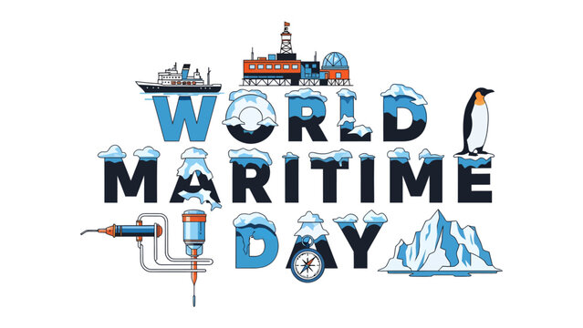 World Maritime Day Celebration: A vibrant illustration celebrating World Maritime Day, featuring ships, icebergs, a penguin, and maritime equipment, embodying the spirit of the ocean and global trade.