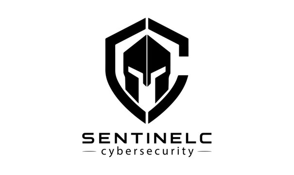 Spartan helmet logo icon with geometric letter C shield monogram for cyber security