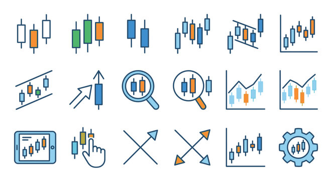 Financial trading and candlestick chart analysis line icons.