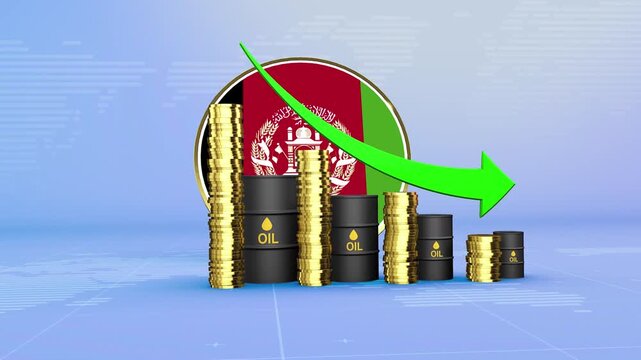 Afghanistan Oil Prices Decline with Oil Barrels, Gold Coins and Downward Green Arrow, 3D Economic and Financial Market Concept