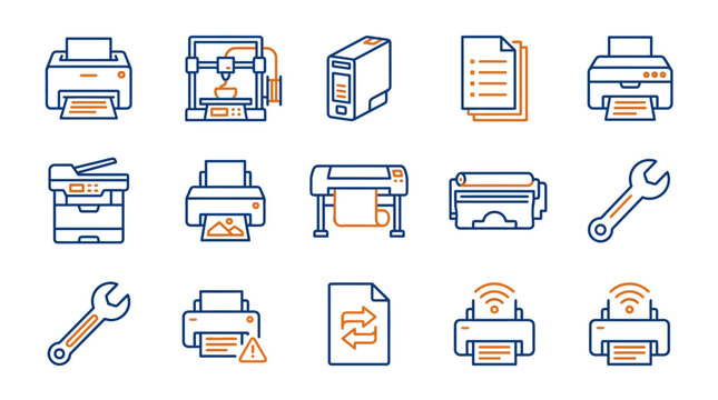 Office printer and document hardware linear icons.