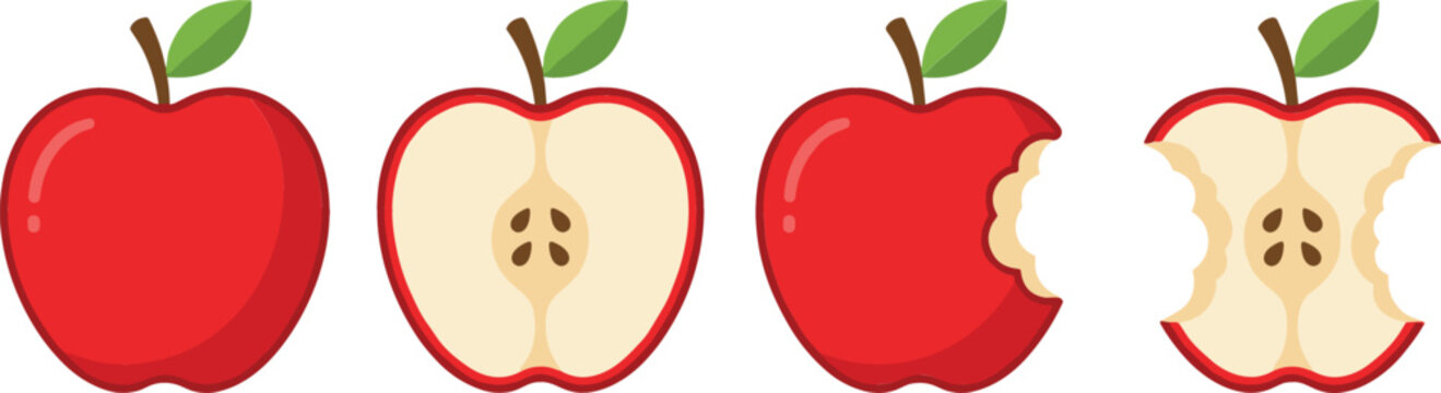 Red Apple Vector Icon Set Showing Evolution From Whole Fruit to Half Slice Bitten and Core Eaten Stages Isolated on White Background