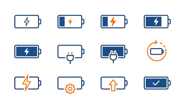 Battery charge level and energy status line icon set.