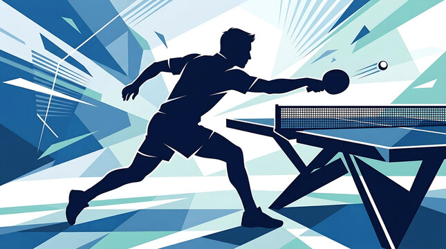 Dynamic vector illustration of a table tennis player in action with abstract blue geometric background