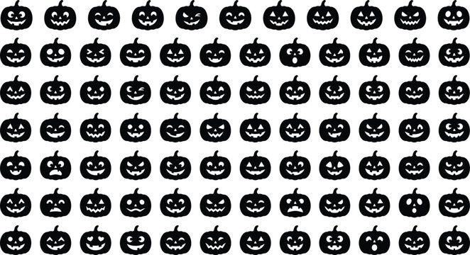 Silhouette of multiple jack-o'-lanterns with various expressions