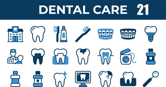 A comprehensive set of 21 blue and white dental care icons illustrating various aspects of oral hygiene, dentistry, and dental health.