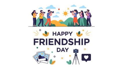 Fototapeta premium Celebrating Friendship with Cameras: Friends capture precious moments on a sunny day, commemorating Friendship Day with photography and shared joy.