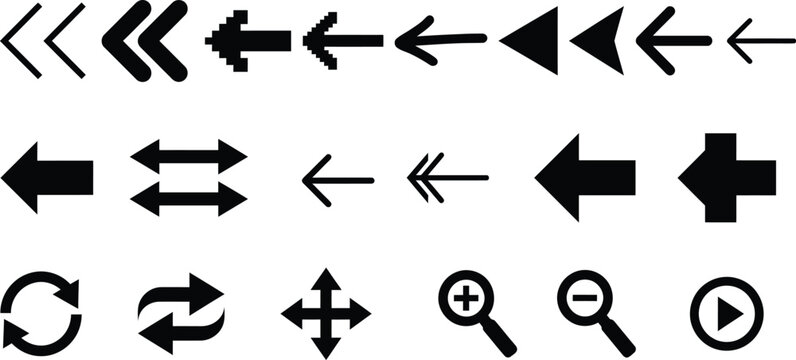Universal interface arrows and buttons collection including pixel art cursors playback controls zoom icons and navigation symbols for website dashboard design vector illustration pack.
