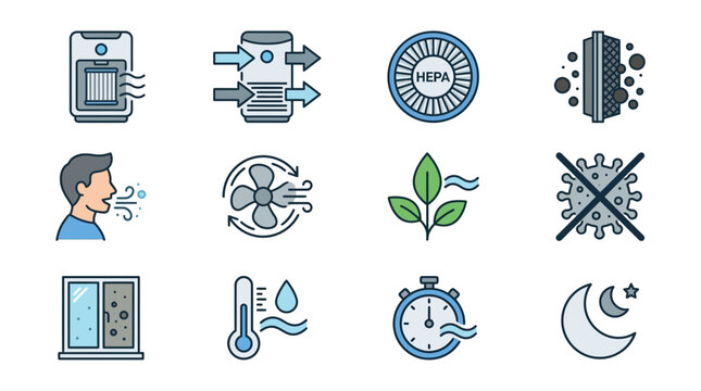 Air Purifier Icons Set: Health, Clean Air, Ventilation, and Environment Icons