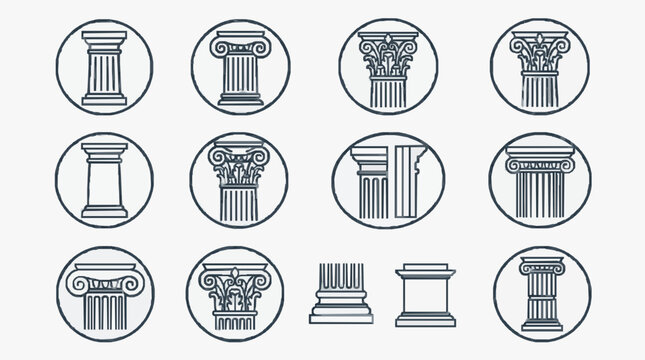Minimalist Black and White Line Art Collection of Various Classical Architectural Columns and Pillars