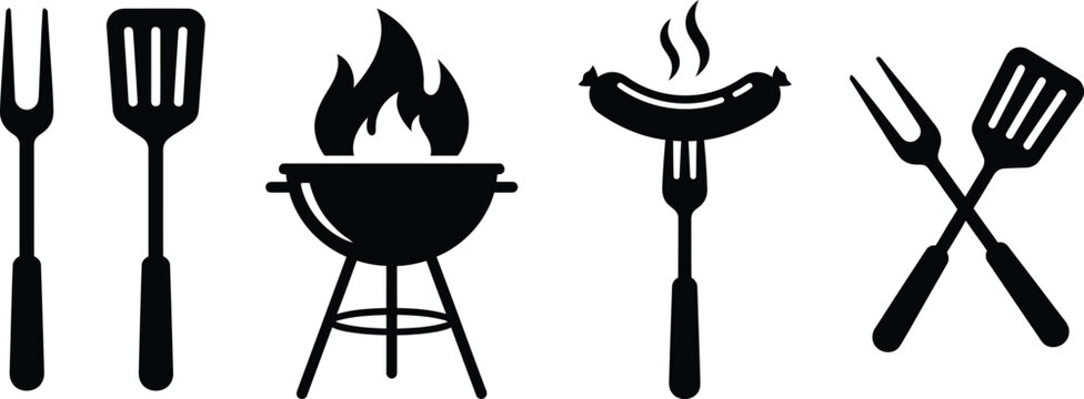 Barbecue equipment icons set grill with fire flame sausage on fork and crossed kitchen utensils for summer cookout party catering and outdoor bbq restaurant vector illustration graphics.