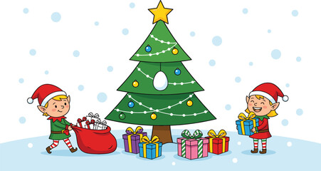 Fototapeta premium Christmas Vector Background Featuring Cute Cartoon Elves Decorating a Holiday Tree and Placing Wrapped Gift Boxes in a Snowy Winter Wonderland Setting