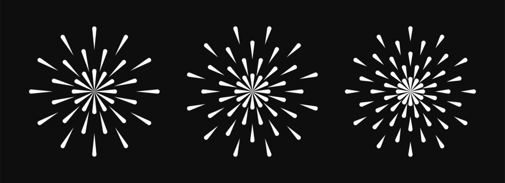 Collection of different firework explosion isolated on dark background. Bursting rays design for logo, emblem, decoration and celebration. Vector illustration 