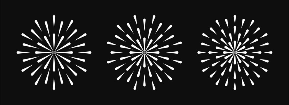 Collection of different firework explosion isolated on dark background. Bursting rays design for logo, emblem, decoration and celebration. Vector illustration 