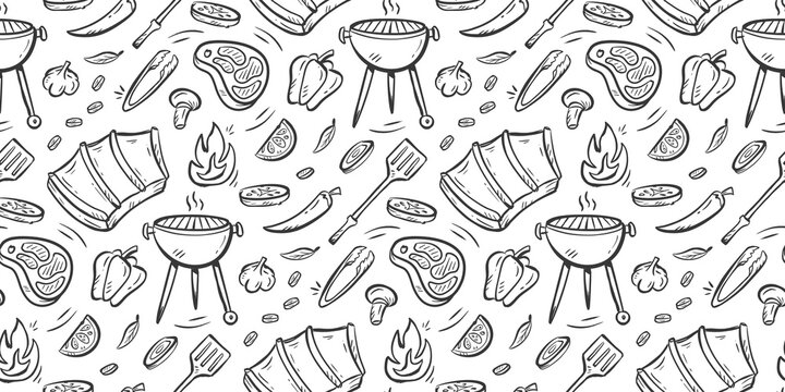 BBQ party doodle background. barbecue meal pattern background. Grill food and vegetable seamless pattern. Picnic food ingredients hand drawn pattern with garlic, chili, pepper, meat, ribs, tomato.