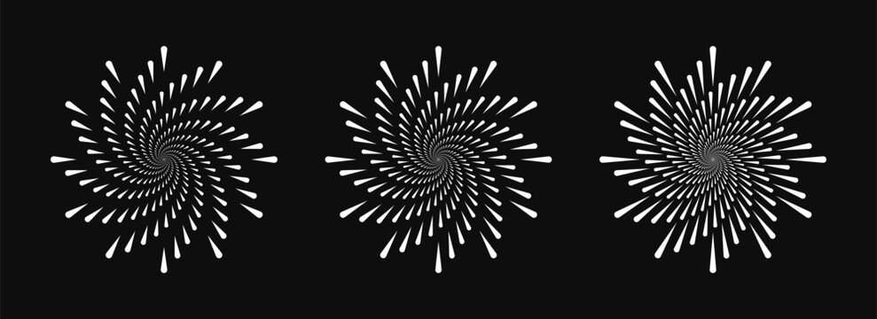 Collection of different swirl and curl firework explosion isolated on dark background. Bursting rays design for logo, emblem, decoration and celebration. Vector illustration 