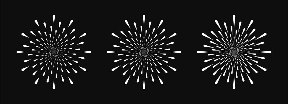 Collection of different swirl and curl firework explosion isolated on dark background. Bursting rays design for logo, emblem, decoration and celebration. Vector illustration 