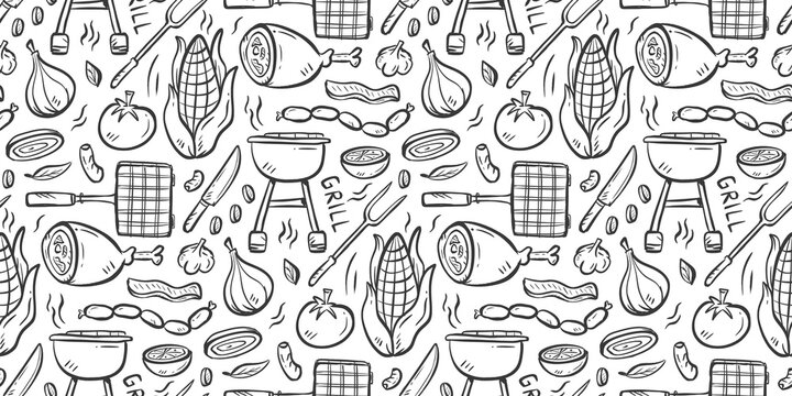 BBQ party doodle background. barbecue meal pattern background. Grill food and vegetable seamless pattern. Picnic food ingredients hand drawn pattern with corn, meat, knife, corn, sausage, tomato.