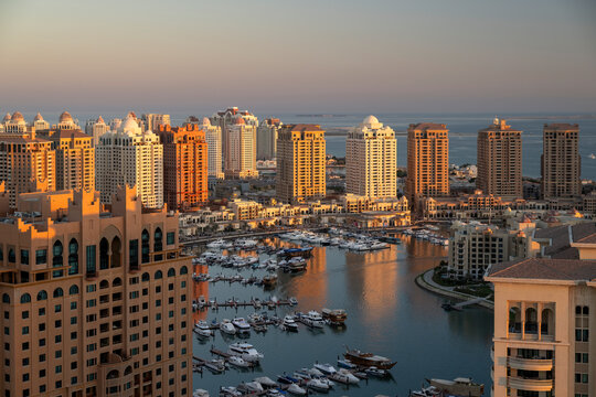 Beautiful Aerial View of Pearl Qatar. Roundabout Pearl Qatar at sunset time.	