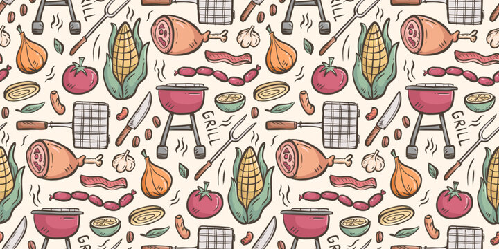 BBQ party doodle background. barbecue meal pattern background. Grill food and vegetable seamless pattern. Picnic food ingredients hand drawn pattern with corn, meat, knife, corn, sausage, tomato.