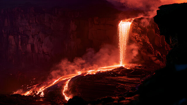 Molten Lava Waterfall Cascading Over Volcanic Basalt Cliff with Smoke and Sparks