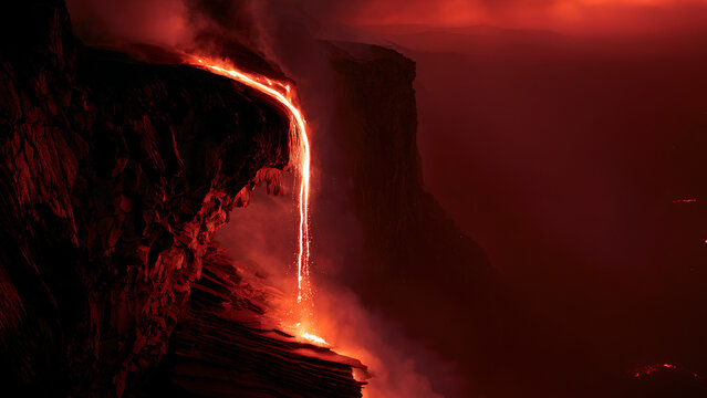 Molten Lava Waterfall Cascading Over Volcanic Basalt Cliff with Smoke and Sparks
