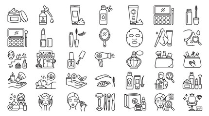 Fototapeta premium 40 Line Icons, Beauty and Cosmetics Symbols, Skincare and Makeup Elements, Vector Graphics