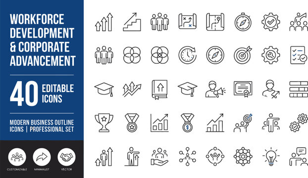 Workforce development icons display forty professional symbols dedicated to corporate advancement and human capital management.