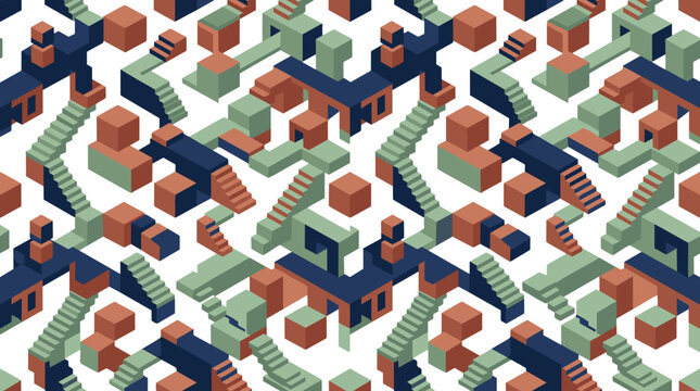 Geometric pattern with stairs and boxes in a minimalist style  