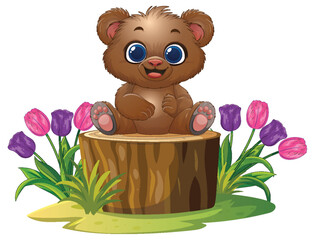 Obraz premium Cute Cartoon Baby Bear Sitting on a Tree Stump with Tulips