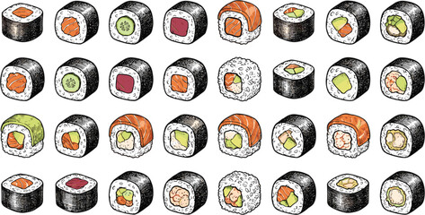 Vintage Hand Drawn Sushi Roll Collection Set with Salmon Avocado Tuna and Shrimp Vector Illustration © Ratna