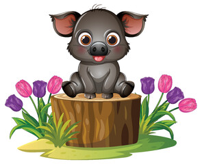 Obraz premium Cute Cartoon Boar Sitting on a Tree Stump with Tulips